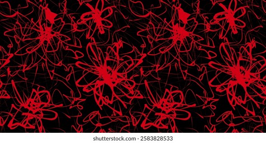 Abstract Black and Red Scribble Pattern. Chaos Hand Drawn Graffiti. Street Art Seamless Pattern. Black Elements Old School Design for T-Shirt, Fabric, Wrapping Paper, or Wallpaper. Flower Pattern.