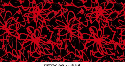 Abstract Black and Red Scribble Pattern. Chaos Hand Drawn Graffiti. Street Art Seamless Pattern. Black Elements Old School Design for T-Shirt, Fabric, Wrapping Paper, or Wallpaper. Flower Pattern.