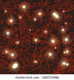 abstract black and red seamless pattern with curl branches and light effect
