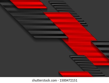 Abstract black and red tech background with striped geometric shapes. Vector modern design illustration