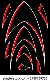 Resumen Patrón geométrico negro, rojo y blanco con formas aisladas en fondo negro. Ilustración vectorial