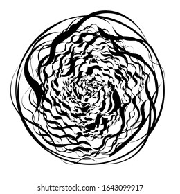 Forma redondeada negra abstracta sobre fondo blanco. Ilusión óptica de superficie distorsionada. Tiras torcidas en círculo. Ilustración vectorial. Excelente para arte en la pared, afiche, publicidad, diseño de pancartas