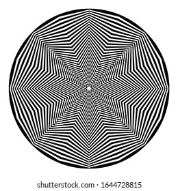 Abstrakte schwarze, runde Form auf weißem Hintergrund. Optische Illusion einer verzerrten Oberfläche. Geschwülste Streifen im Kreis. Stilisierte 3D-Oberfläche. Ideal für Tape-Kunst, Poster, Werbung, Banner-Design