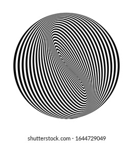 Abstract black round shape on white background. Optical illusion of distorted surface. Twisted stripes in circle. Stylized 3d surface. Great for wall art, poster, advertisement, banner design