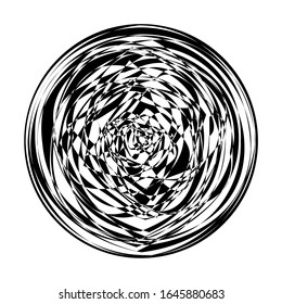 Abstract black round shape on white background. Optical illusion of distorted surface. Twisted stripes in circle. Vector illustration. Great for wall art, poster, advertisement, banner design