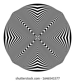 Abstract black round shape on white background. Optical illusion of distorted surface. Twisted stripes in circle. Stylized 3d surface. Great for wall art, poster, advertisement, banner design