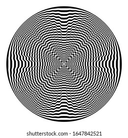 Abstract black round shape on white background. Optical illusion of distorted surface. Twisted stripes in circle. Stylized 3d surface. Great for wall art, poster, advertisement, banner design