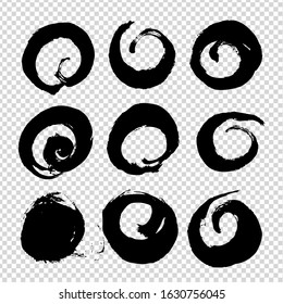Abstract black round textured brush strokes isolated on imitation transparent background