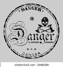Abstract black rubber office stamp with crossbones, small stars, two black tomahawks, and the word danger written with ancient letters