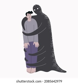 Abstract black scary silhouette
hugs a frightened man. Fear and phobia. Mental health or disorder concept. Flat isolated vector illustration.