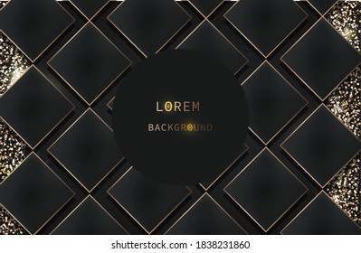 Abstract black scattered geometric background with gold glitter. Modern luxury illustration. Vector
