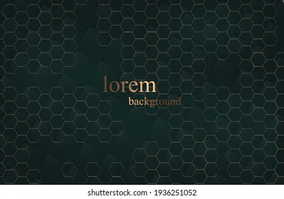 Abstract black scattered geometric background with gold glitter. Modern luxury illustration. Vector. hexagon