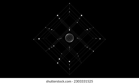 Abstract black sci-fi cube with particle and line and sphere inside. Vector technology network connection on world. Global digital connections ai. Wireframe cube. Blockchain encryption.