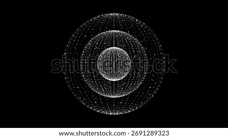 Abstract black sci-fi sphere with particles and lines. Technology network connection on world. Futuristic vector illustration. Global digital connections ai. 3D wireframe geometric sphere.