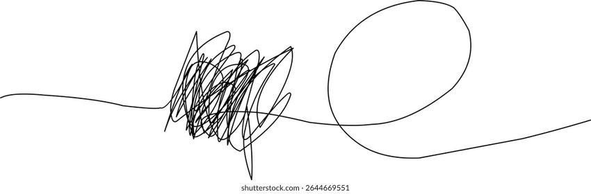 Abstract black scribble line with a loop on a plain white background, representing creativity, confusion, and free-flowing ideas, ideal for design and art.