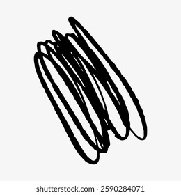 Abstract black scribble on a white background. The scribble is a random, looping pattern, creating a chaotic and artistic feel. Simple and expressive design. Scribble element vector.