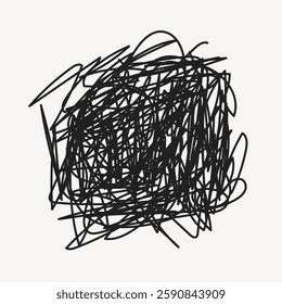 Abstract black scribble on a white background. Chaotic, tangled lines create a dense, expressive black scribble. Artistic black scribble illustration. Scribble element vector.