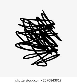 Abstract black scribble on a white background. Chaotic, tangled lines create a dense, expressive black scribble. Artistic black scribble illustration. Scribble element vector.