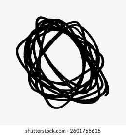 Abstract black scribble on white background. Chaotic lines form a circular shape. Scribble art, abstract design, black lines, circular pattern, artistic expression. Vector illustration.