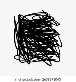 Abstract black scribble on a white background. Chaotic lines form a dense, tangled pattern. Scribble art conveys randomness and abstract expression. Black scribble vector.