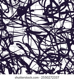 Abstract Black Scribble Seamless Pattern. Chaos Hand Drawn Graffiti. Street Art Pattern. Black Elements Old School Design for T-Shirt, Fabric, Wrapping Paper.