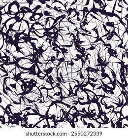 Abstract Black Scribble Seamless Pattern. Chaos Hand Drawn Graffiti. Street Art Pattern. Black Elements Old School Design for T-Shirt, Fabric, Wrapping Paper.