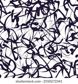Abstract Black Scribble Seamless Pattern. Chaos Hand Drawn Graffiti. Street Art Pattern. Black Elements Old School Design for T-Shirt, Fabric, Wrapping Paper.