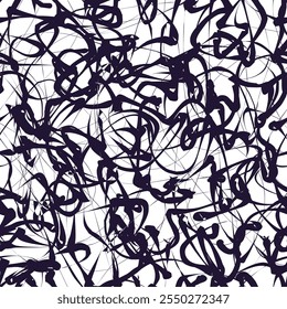 Abstract Black Scribble Seamless Pattern. Chaos Hand Drawn Graffiti. Street Art Pattern. Black Elements Old School Design for T-Shirt, Fabric, Wrapping Paper.