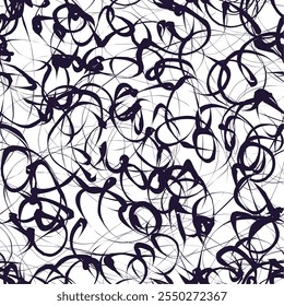 Abstract Black Scribble Seamless Pattern. Chaos Hand Drawn Graffiti. Street Art Pattern. Black Elements Old School Design for T-Shirt, Fabric, Wrapping Paper.