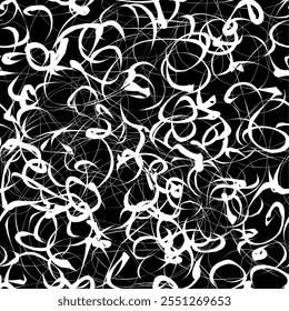 Abstract Black Scribble Seamless Pattern. Chaos Hand Drawn Graffiti. Street Art Pattern. Black Elements Old School Design for T-Shirt, Fabric, Wrapping Paper.