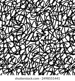 Abstract Black Scribble Seamless Vector Pattern on White Background - Chaotic Doodle Art