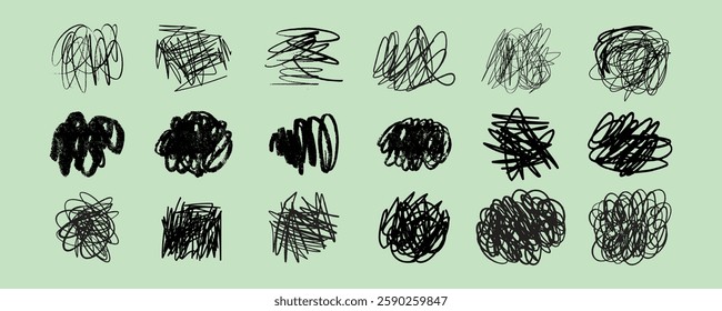 Abstract black scribbles on a light green background. Scribbles vary in shape and size. Scribbles create a chaotic, artistic pattern. Scribbles in rows. Scribble elements vector set.