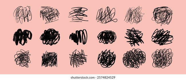 Abstract black scribbles on a pink background. Scribbles vary in shape and size. Scribbles create a chaotic yet artistic pattern. Scribbles on pink. Scribble elements vector set.