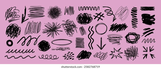 Abstract black scribbles on pink background. Scribbles vary in shape and size. Dynamic scribbles create a chaotic, artistic feel. Scribbles and doodles. Scribble elements vector set.