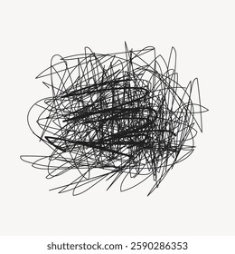 Abstract black scribbles on a white background. Chaotic scribbles create a dynamic, artistic effect. The scribbles form a dense, intricate pattern. Scribble element vector.