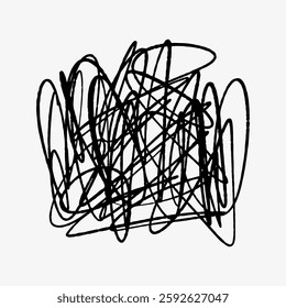 Abstract black scribbles on a white background. The scribbles form a chaotic, tangled pattern. Scribbles are random, creating a sense of disorder and chaos. Scribble element vector.