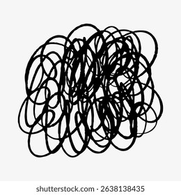 Abstract black scribbles on a white background. Scribbles form a chaotic, looping pattern. Black lines create a dynamic, tangled scribble design. Black scribble vector.