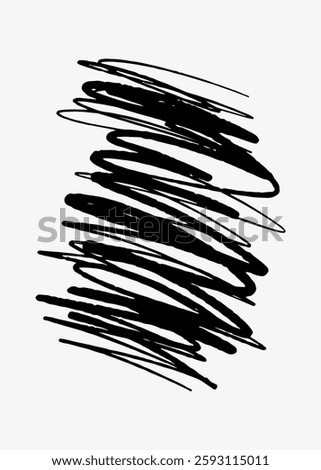 Abstract black scribbles on a white background. Random, bold lines create a chaotic, artistic pattern. Scribbles convey a sense of movement and spontaneity. Scribble element vector.