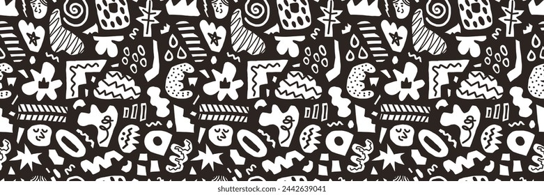 Patrón negro abstracto sin fisuras dibujado a mano varias formas, rizos, formas y objetos de garabato. Fondo vectorial moderno