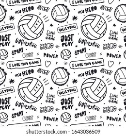 Abstract black seamless pattern for volleyball with ball and text. Sports background for the design of textiles, paper, banner, postcard, poster. Doodles, hand written words.