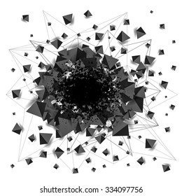 Abstract black shaded pyramids vector explosion with black hole in the center