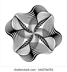 Abstract black shape on white background. Optical illusion of distorted surface. Twisted stripes. Stylized 3d surface. Vector illustration. Great for wall art, poster, advertisement, banner