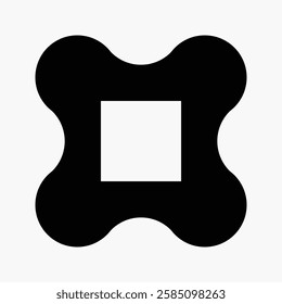 Abstract black shape with a square center and rounded edges on a white background. Geometric design with bold black and white contrast. Minimalist abstract art. Vector isolated on white.