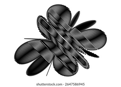 An abstract black shape with a textured, sketched appearance is centered on a white background. 