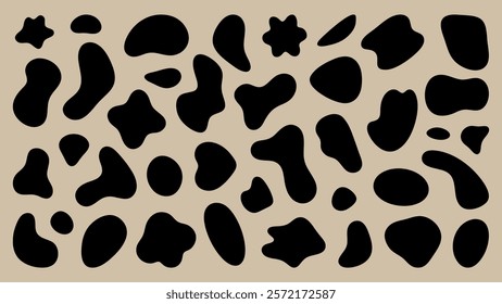 Abstract black shapes on a beige background. Organic, irregular forms create a modern, artistic pattern. Bold, black shapes contrast with the beige backdrop. Black shape vector set.