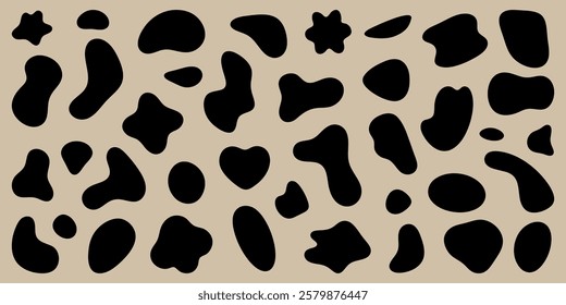 Abstract black shapes on a beige background. Organic shapes create a modern, artistic pattern. Black shapes contrast with beige, forming a unique abstract design. Black shape vector set.