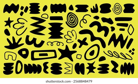 Abstract black shapes on a bright yellow background. Various geometric and organic forms. Bold, abstract, and dynamic shapes create a striking contrast. Funky shapes vector set.