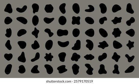 Abstract black shapes on a gray background. Organic shapes, varied forms, and unique patterns. Repeated abstract shapes create a modern, artistic look. Black shape vector set.