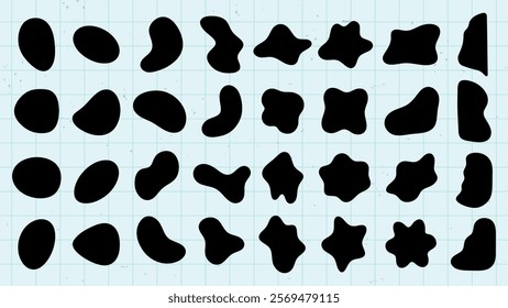 Abstract black shapes on a grid background. Various shapes repeat in pattern. Black shapes contrast with light grid. Shapes create a unique visual pattern. Black shape vector set.