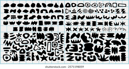 Abstract black shapes on a grid. Shapes vary in size and form. Bold, black shapes create a striking contrast. Shapes fill the grid with dynamic patterns. Black and white vector set.